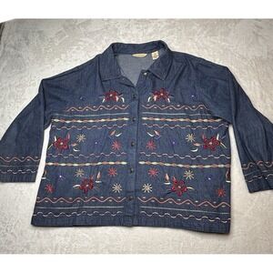 Vintage Bechamel Women 2X Embroidery Flowers Long Sleeve Button Up‎ Shirt